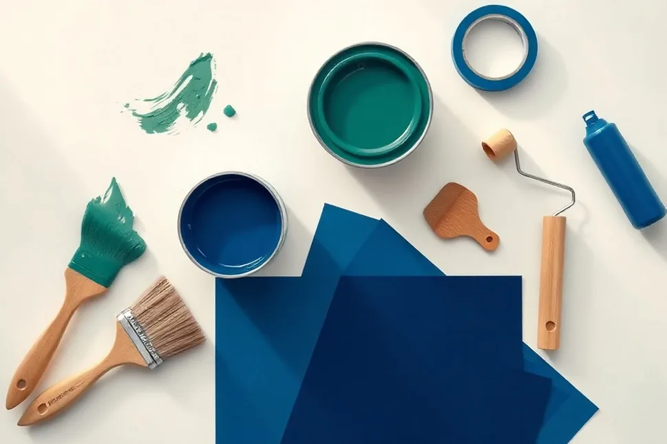 Pots de peinture, nuancier, brosses et rouleaux disposés à plat