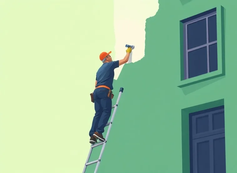 Peintre sur échafaudage traitant la façade d'une maison