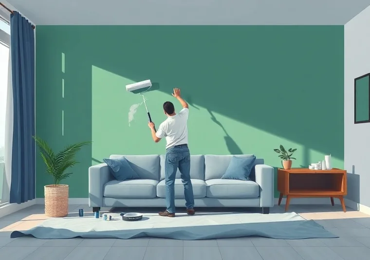 Peintre appliquant la peinture au rouleau sur un mur de salon